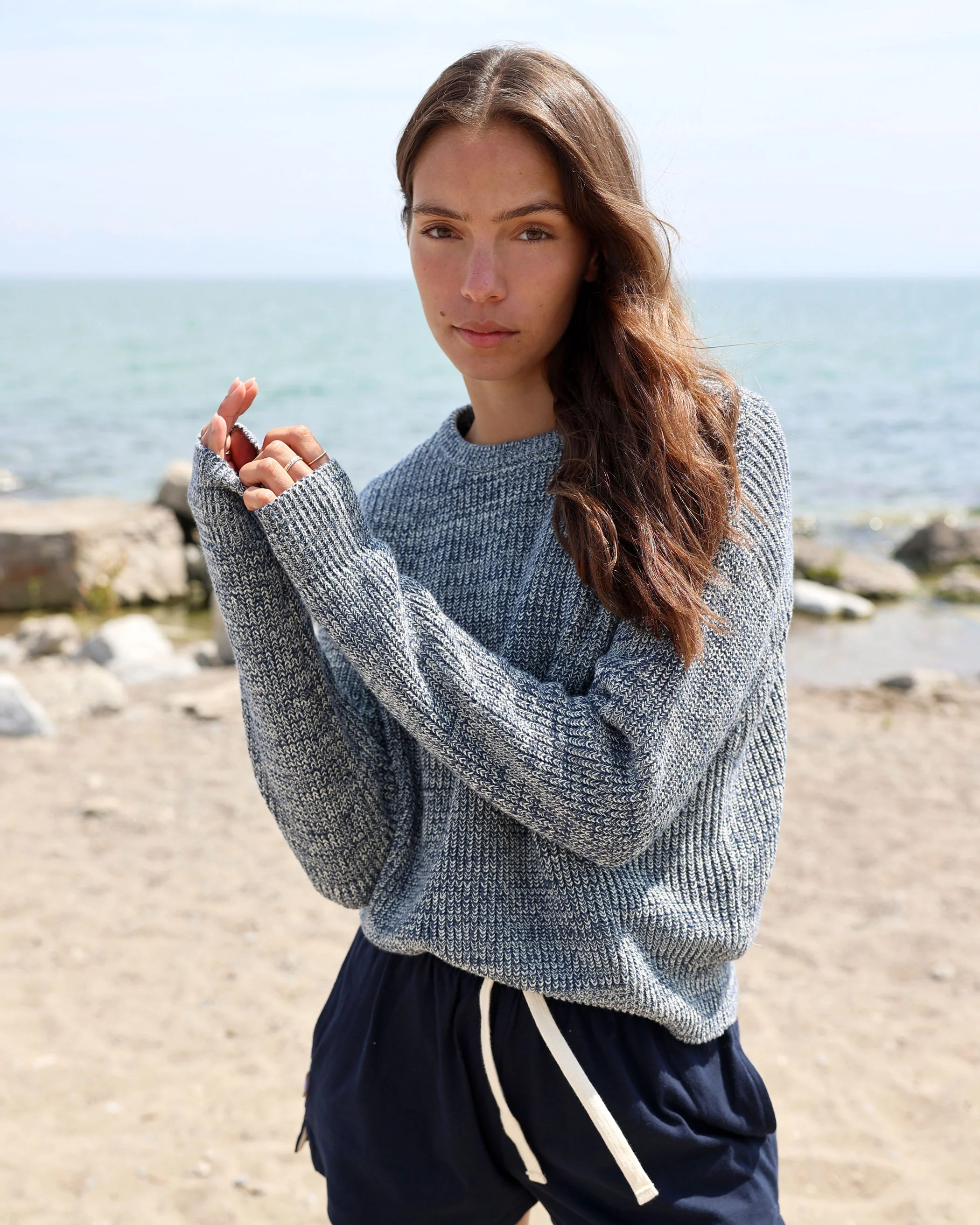 Cotton Knit Sweater Heather Navy - Unisex - Image 3