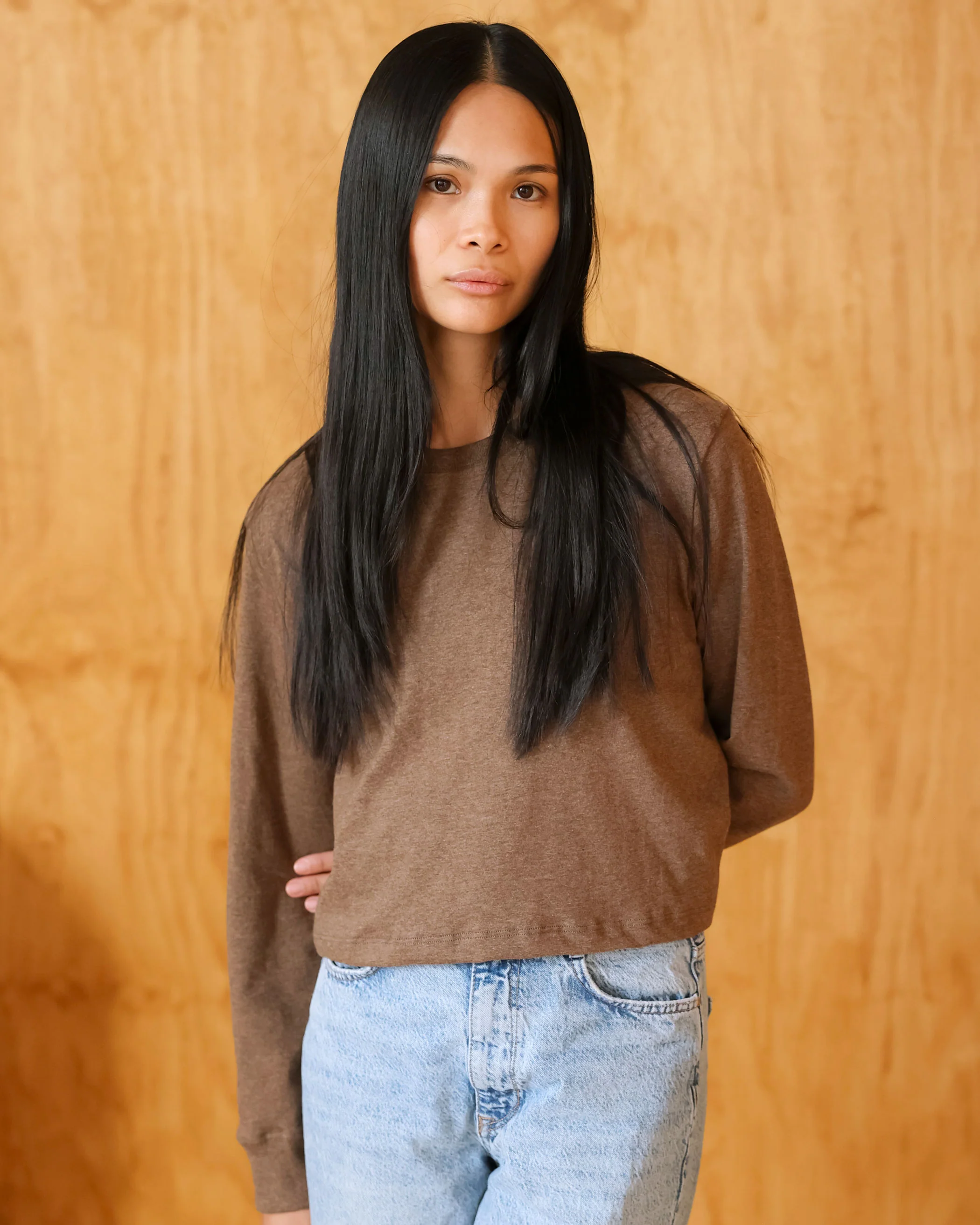 Monday Long Sleeve Crop Top Heather Brown - Image 2